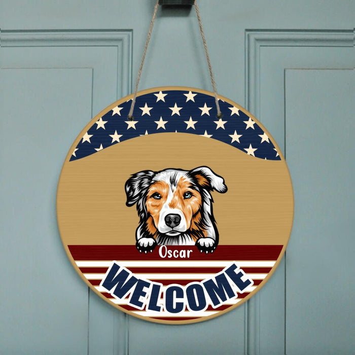 Personalized American Dog July 4th Circle Wooden Sign - Gift For Independence Day/Dog Lover