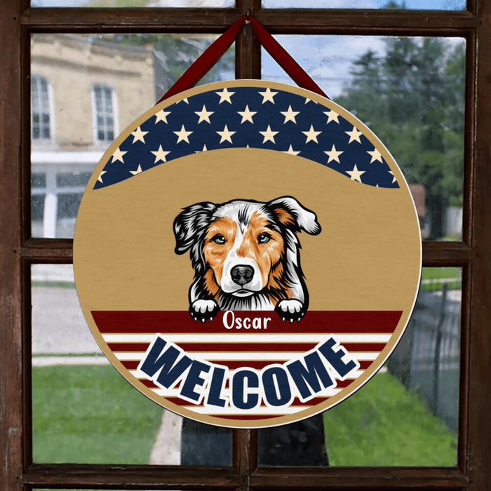 Personalized American Dog July 4th Circle Wooden Sign - Gift For Independence Day/Dog Lover