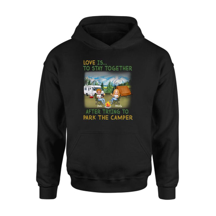Personalized Camping Couple Chibi Shirt/Pullover Hoodie - Couple With Up to 2 Dogs - Gift Idea For Dog/Camping Lover - Love Is To Stay Together