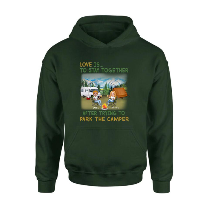 Personalized Camping Couple Chibi Shirt/Pullover Hoodie - Couple With Up to 2 Dogs - Gift Idea For Dog/Camping Lover - Love Is To Stay Together