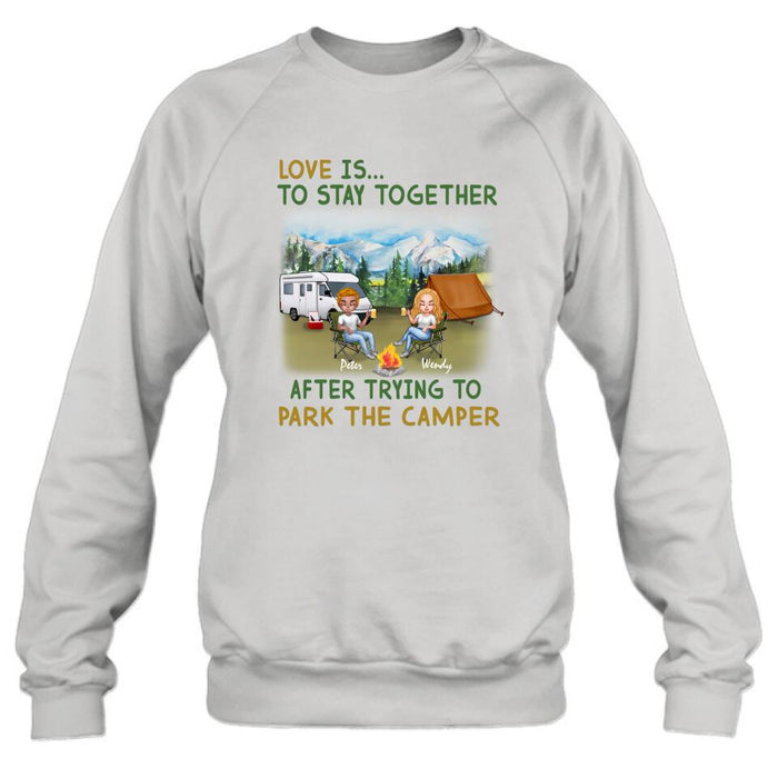 Personalized Camping Couple Chibi Shirt/Pullover Hoodie - Couple With Up to 2 Dogs - Gift Idea For Dog/Camping Lover - Love Is To Stay Together
