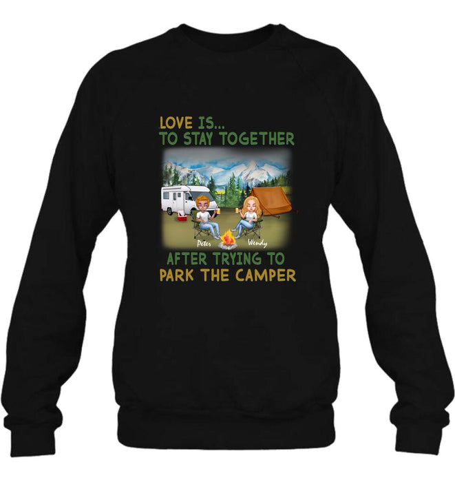 Personalized Camping Couple Chibi Shirt/Pullover Hoodie - Couple With Up to 2 Dogs - Gift Idea For Dog/Camping Lover - Love Is To Stay Together