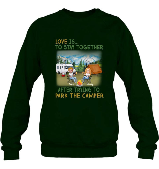 Personalized Camping Couple Chibi Shirt/Pullover Hoodie - Couple With Up to 2 Dogs - Gift Idea For Dog/Camping Lover - Love Is To Stay Together