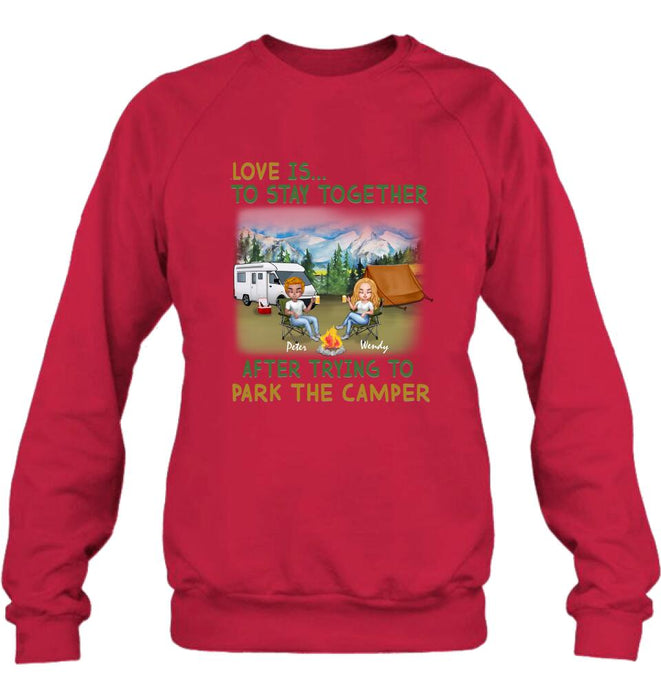 Personalized Camping Couple Chibi Shirt/Pullover Hoodie - Couple With Up to 2 Dogs - Gift Idea For Dog/Camping Lover - Love Is To Stay Together