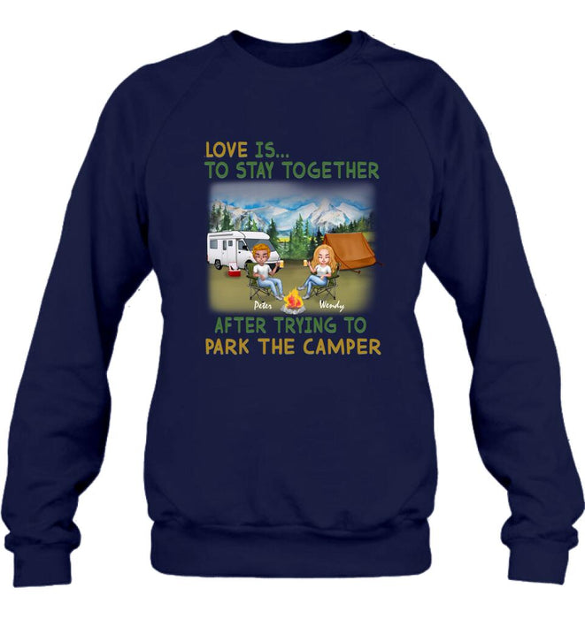 Personalized Camping Couple Chibi Shirt/Pullover Hoodie - Couple With Up to 2 Dogs - Gift Idea For Dog/Camping Lover - Love Is To Stay Together