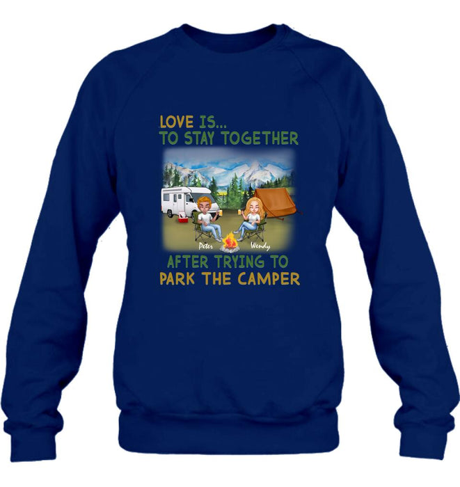 Personalized Camping Couple Chibi Shirt/Pullover Hoodie - Couple With Up to 2 Dogs - Gift Idea For Dog/Camping Lover - Love Is To Stay Together