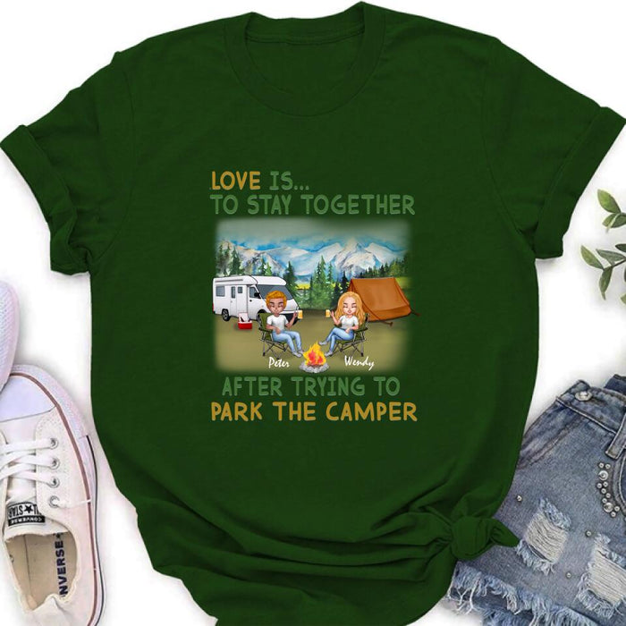 Personalized Camping Couple Chibi Shirt/Pullover Hoodie - Couple With Up to 2 Dogs - Gift Idea For Dog/Camping Lover - Love Is To Stay Together