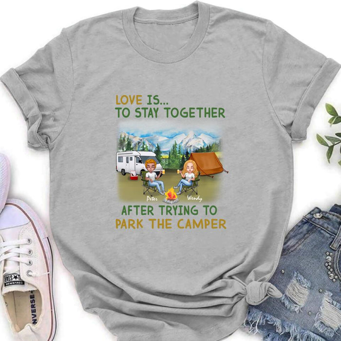 Personalized Camping Couple Chibi Shirt/Pullover Hoodie - Couple With Up to 2 Dogs - Gift Idea For Dog/Camping Lover - Love Is To Stay Together