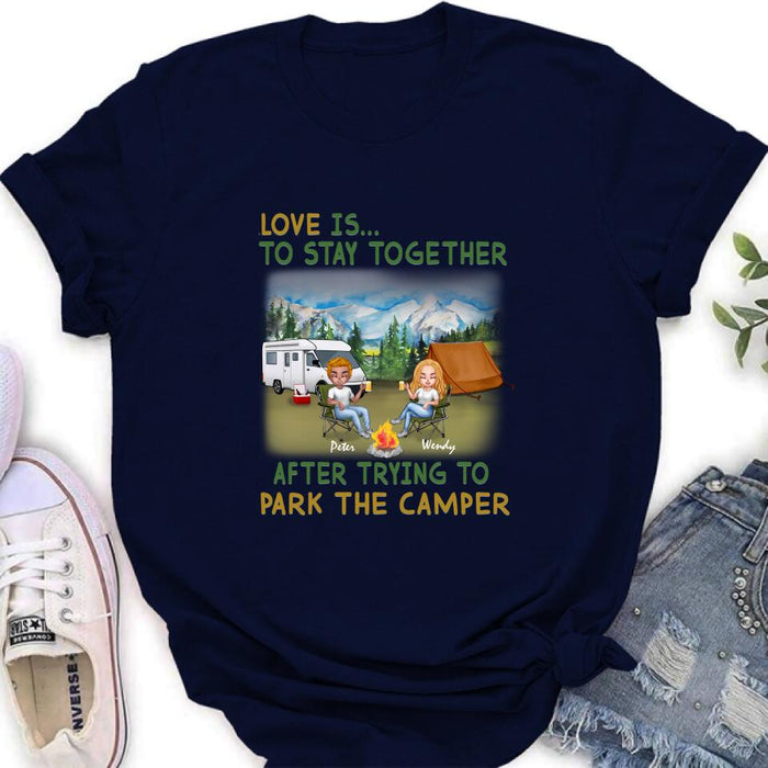 Personalized Camping Couple Chibi Shirt/Pullover Hoodie - Couple With Up to 2 Dogs - Gift Idea For Dog/Camping Lover - Love Is To Stay Together