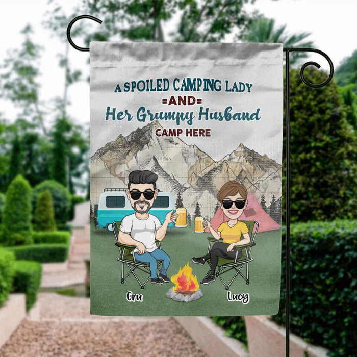 Personalized Camping Couple Flag - Couple With Up to 4 Dogs - Gift Idea For Camping/Dog Lover - A Spoiled Camping Lady And Her Grumpy Husband Camp Here