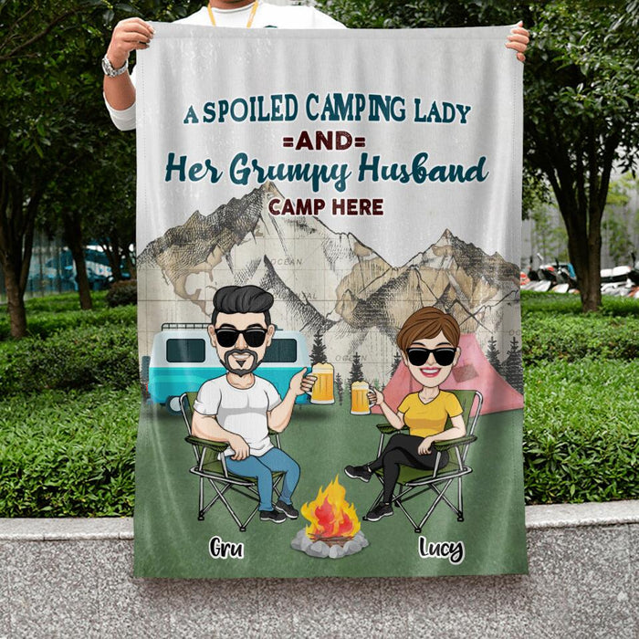 Personalized Camping Couple Flag - Couple With Up to 4 Dogs - Gift Idea For Camping/Dog Lover - A Spoiled Camping Lady And Her Grumpy Husband Camp Here