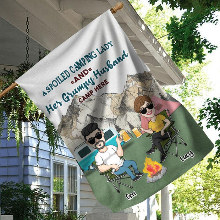 Personalized Camping Couple Flag - Couple With Up to 4 Dogs - Gift Idea For Camping/Dog Lover - A Spoiled Camping Lady And Her Grumpy Husband Camp Here