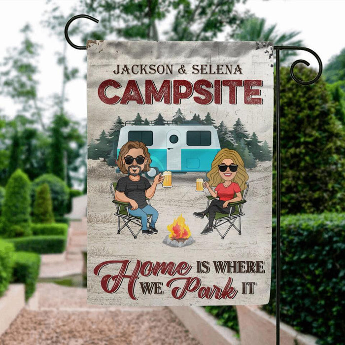 Personalized Camping Couple Flag Sign - Couple With Up to 4 Dogs - Gift Idea For Couple/Camping Lover - Home Is Where We Park It
