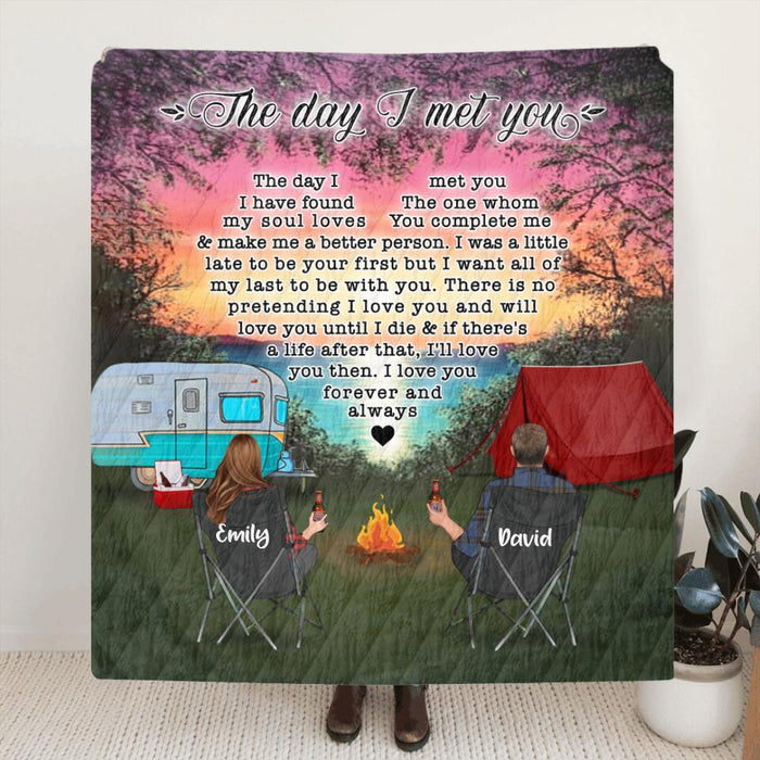 Personalized Camping Couple Fleece/Quilt Blanket - Couple/Parents With Up to 3 Kids And 4 Pets - Gift Idea For Camping Lover - The Day I Met You
