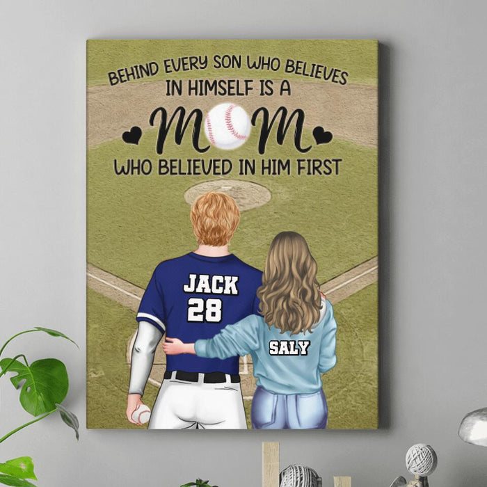Personalized Baseball Mom Vertical Canvas - Gift Idea From Son To Mother For Mother's Day - Behind Every Son Who Believes In Himself Is A Mom Who Believed In Him First