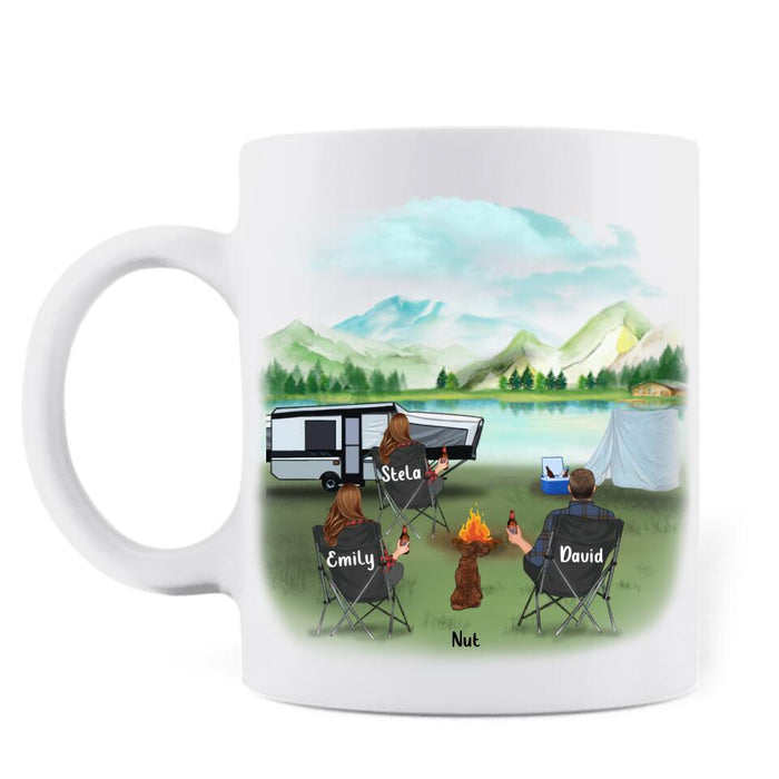 Personalized Camping Enamel Mug/Coffee Mug - 3 Aults With Pet - Best Gift For Camping Lover - Life Is Better Around The Camfire