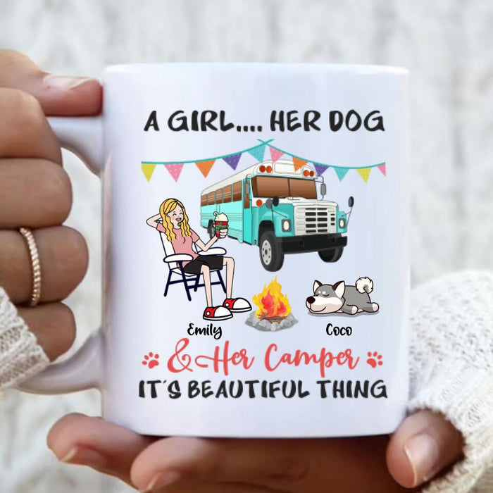 Personalized A Camping Girl And Her Pet Coffee Mug - Up to 3 Pets - Gift For Dog/Cat/Camping Lover