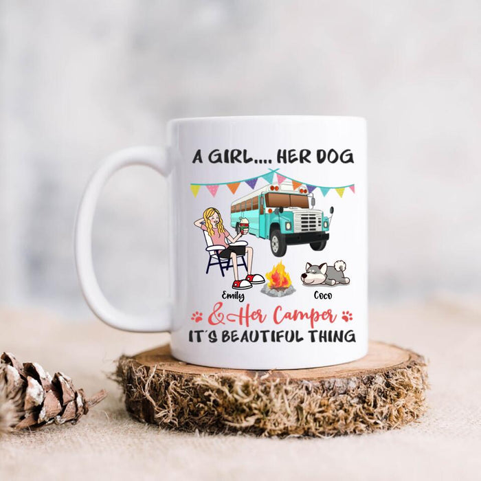 Personalized A Camping Girl And Her Pet Coffee Mug - Up to 3 Pets - Gift For Dog/Cat/Camping Lover
