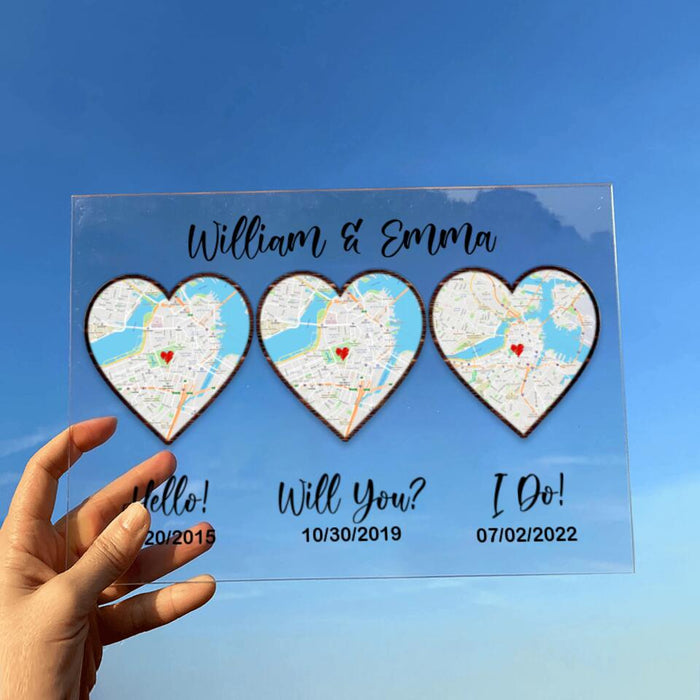 Personalized Map Anniversary Acrylic Plaque - Anniversary Gift Idea For Couple - Hello, Will You, I Do