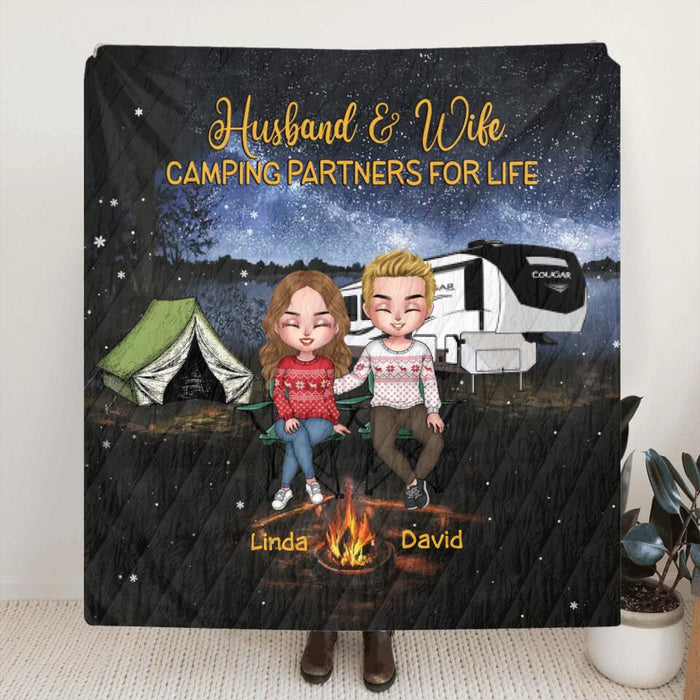 Personalized Camping Christmas Couple Fleece Throw Blanket/Quilt - Gift Idea For Camping Lovers - Couple With Up To 4 Dogs - Husband And Wife Camping Partners For Life