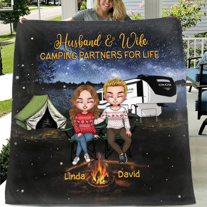 Personalized Camping Christmas Couple  Fleece Throw Blanket/Quilt - Gift Idea For Camping Lovers - Couple With Up To 4 Dogs - Husband And Wife Camping Partners For Life