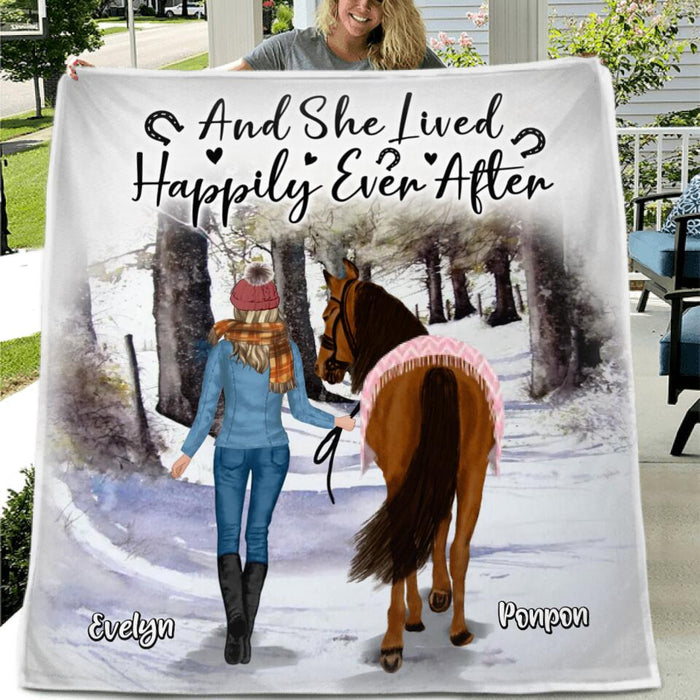 Personalized Horse Girl Fleece Throw Blanket/Quilt - Gift Idea For Christmas/Horse Lover with up to 4 Horses - And She Lived Happily Ever After
