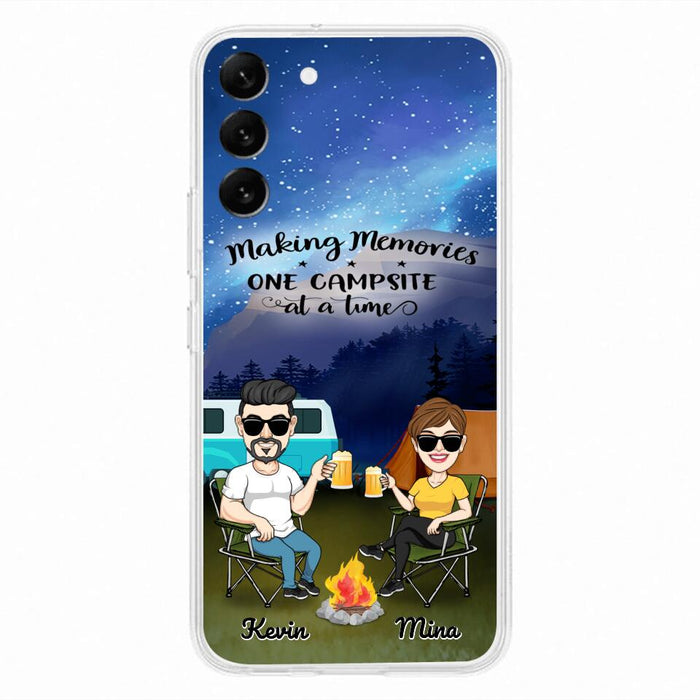 Custom Personalized Night Camping Phone Case - Couple With Up to 3 Dogs - Gift For Couple/ Camping Lover - Making Memories One Campsite At A Time - Case For iPhone And Samsung