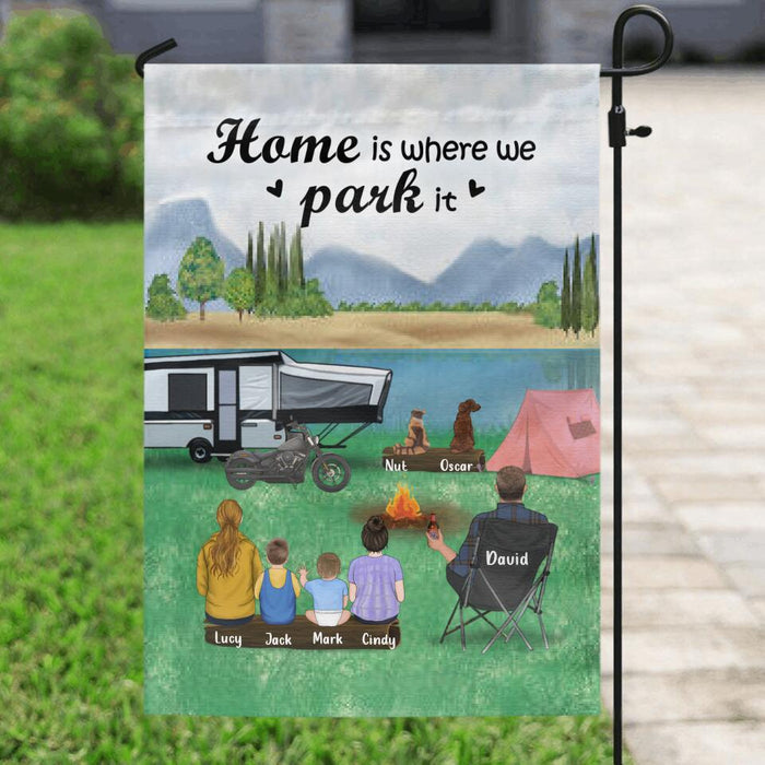 Personalized Camping Flag - Single Man/Woman with up to 4 Kids and 2 Pets - Gift For Father's Day - Home Is Where We Park It