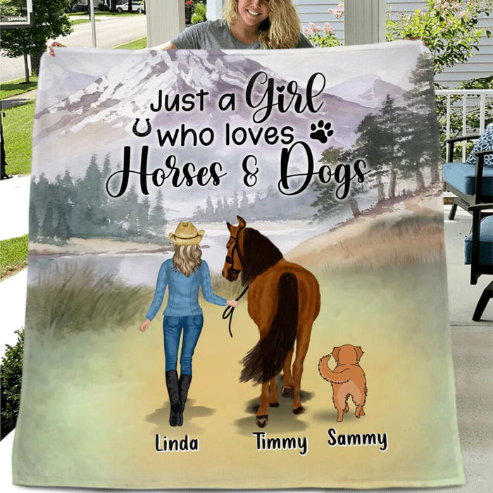Personalized Horse & Dog Fleece Throw Blanket/Quilt - Gift Idea For Horse/Dog Lovers With Up To 2 Horses And 4 Dogs - Just A Girl Who Loves Horses & Dogs