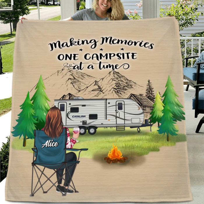 Personalized Camping Quilt/Fleece Blanket/Pillow Cover - Parents with Up to 2 Kids, 3 Pets - Gift Idea For Family/Couple/Camping Lovers - Making Memories One Campsite At A Time