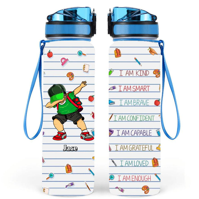 Personalized Back To School Water Tracker Bottle - Student/Son/Daughter Gift Idea - I Am Kind, I Am Smart