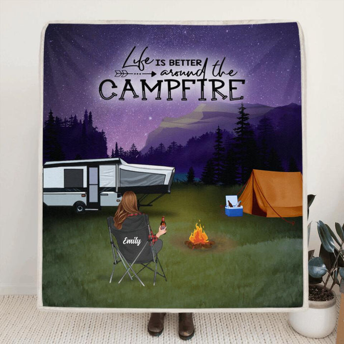 Personalized Night Camping Quilt/Fleece Blanket/Pillow Cover - Best Gift For Camping Family/Couple/Single Parent/Solo - Up to 5 Kids and 3 Pets - Life Is Better Around The Campfire