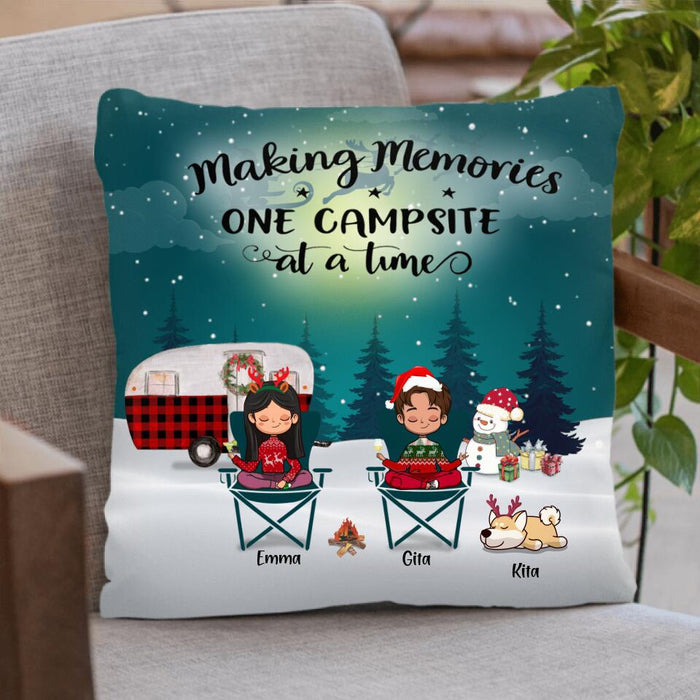 Personalized Couple Camping Xmas Quilt/Fleece Blanket/Pillow Cover - Couple With Up to 4 Pets - Christmas Gift For Cat/Dog Lover
