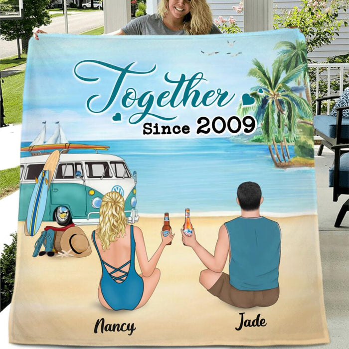 Personalized Beach Camping Quilt/Fleece Blanket/Pillow Cover - Couple/Family With Up to 3 Kids And 3 Pets - Best Gift Idea For Camping/Dog/Cat Lover - This Is Our Happy Place