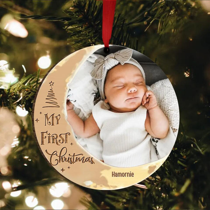 Personalized Christmas Circle Wooden Ornament - Upload Baby Photo - My First Christmas