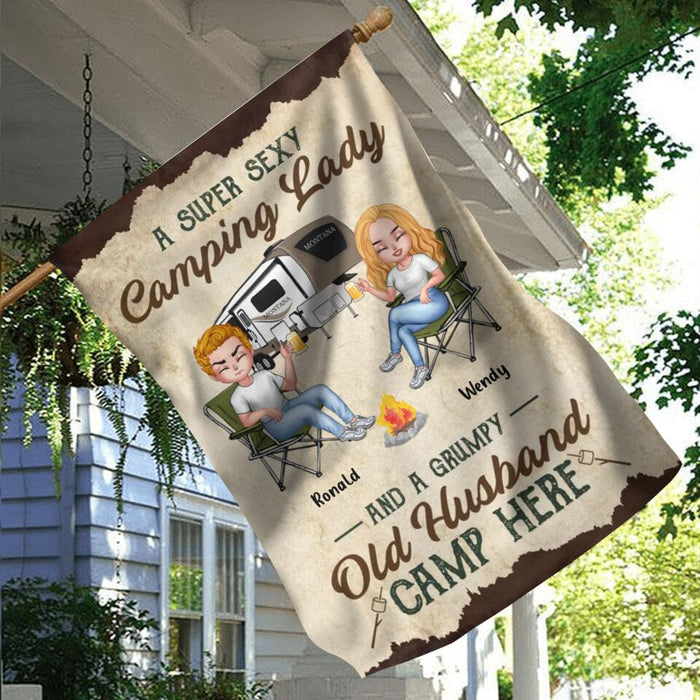Personalized Camping Couple Flag Sign - Gift Idea For Couple/Camping Lovers - A Super Sexy Camping Lady And A Grumpy Old Husband Camp Here