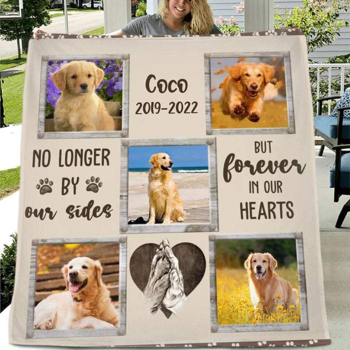 Personalized Memorial Pet Quilt/Fleece Blanket - Upload 5 Photos - Memorial Gift For Dog Lover - No Longer By Our Sides But Forever In Our Hearts