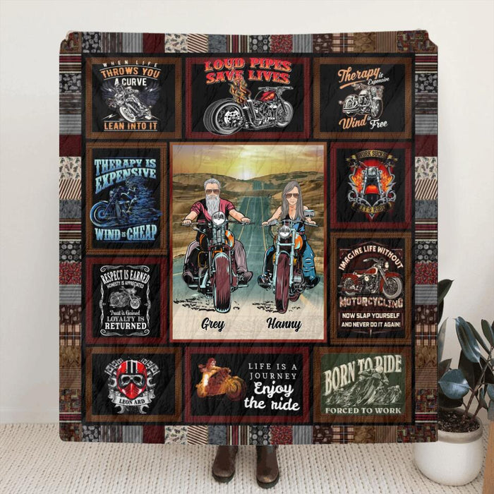 Personalized Couple Biker Quilt/Fleece Throw Blanket - Gift Idea For Couple/Biking Lovers - Life Is A Journey Enjoy The Ride