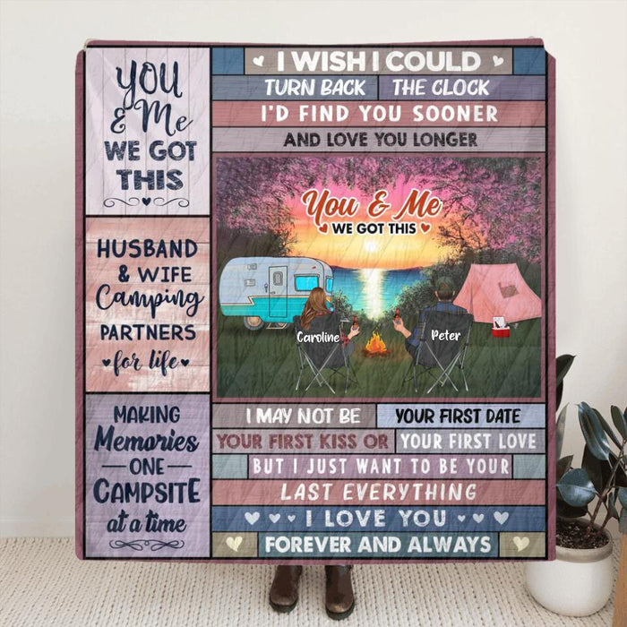 Personalized Camping Couple Quilt/Fleece Throw Blanket - Gift Idea From Couple/Camping Lover - Couple With Up to 3 Pets - You & Me We Got This