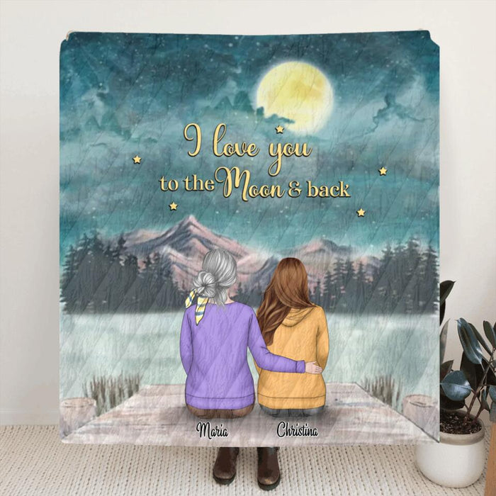 Personalized Mom & Up to 2 Daughters Quilt/Fleece Blanket - Best mother’s day gift ideas - I love you to the moon and back