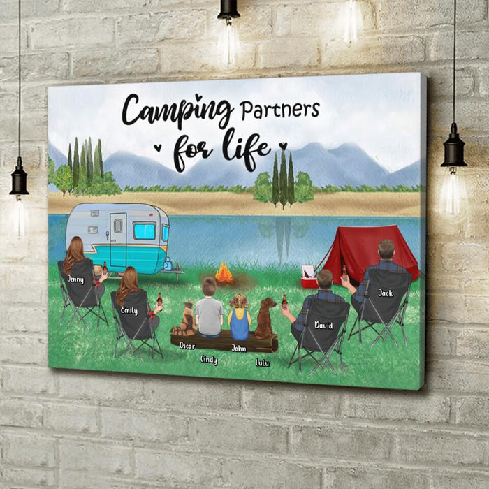 Personalized Camping Canvas - Best Gift For Family/Camping Lovers - 2 Couples With 2 Children And 2 Pets - Camping Partners For Life