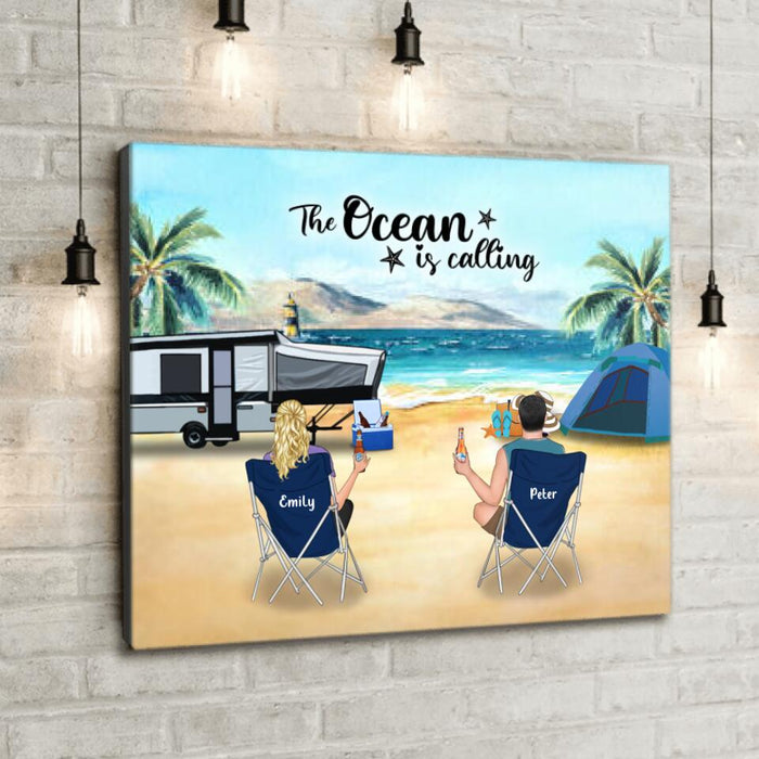 Personalized Beach Camping Canvas - Couple/Parents with up to 4 Kids and 2 Pets - Gift For Father's Day from Wife to Husband - The Ocean Is Calling - 1CTOH9