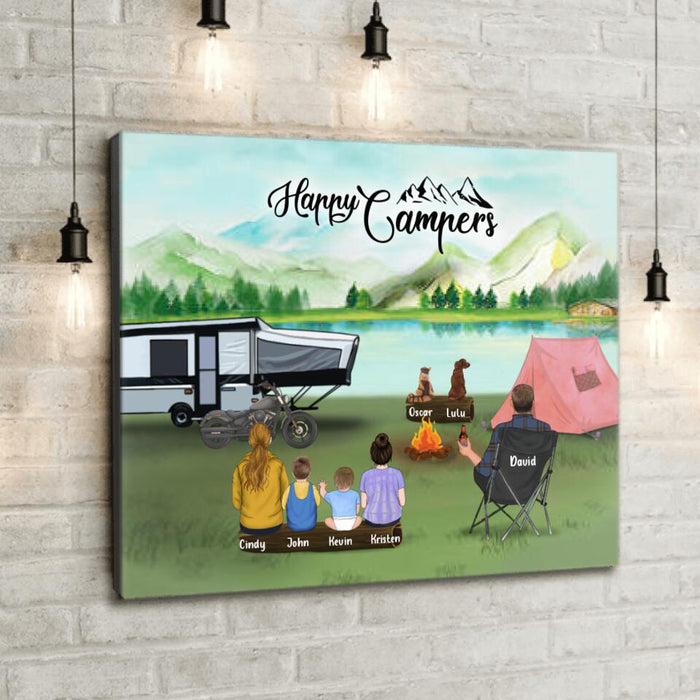 Personalized Camping Canvas - Single Man/Woman with up to 4 Kids and 2 Pets - Gift For Father's Day - Happy Campers