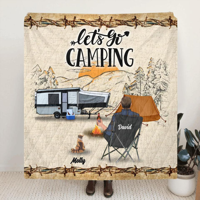 Personalized Camping Fleece Throw Blanket/Quilt - Gift Idea For Camping Lovers - Couple/Single Man/Woman With Up to 6 Pets - Let's Go Camping