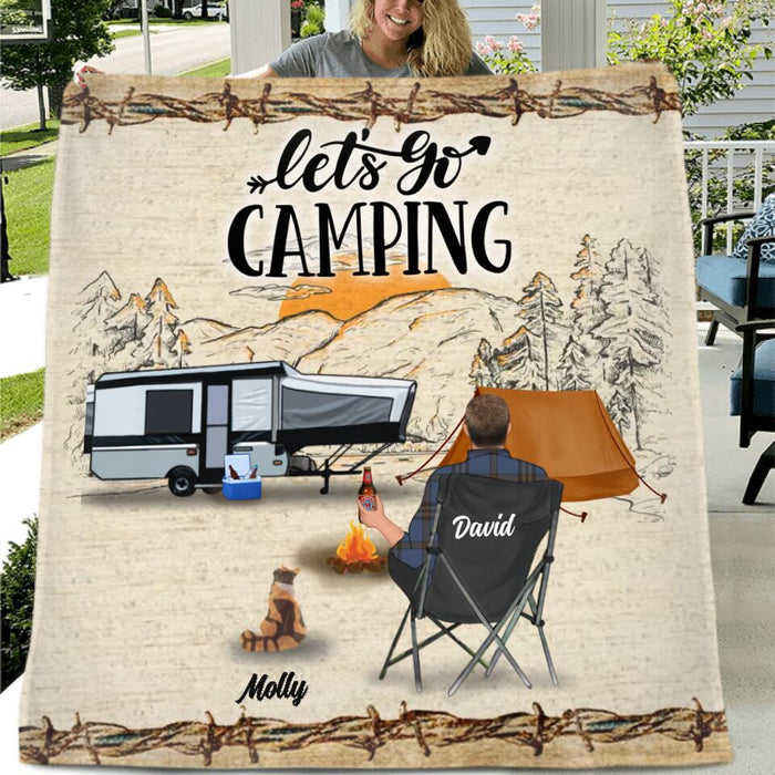 Personalized Camping Fleece Throw Blanket/Quilt - Gift Idea For Camping Lovers - Couple/Single Man/Woman With Up to 6 Pets - Let's Go Camping