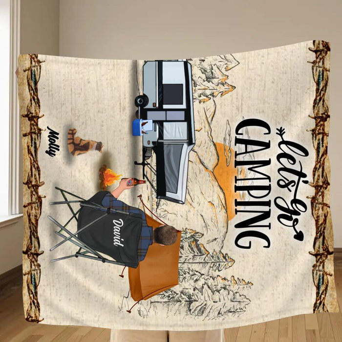 Personalized Camping Fleece Throw Blanket/Quilt - Gift Idea For Camping Lovers - Couple/Single Man/Woman With Up to 6 Pets - Let's Go Camping