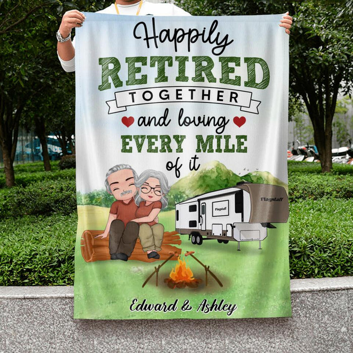 Personalized Retired Couple Flag Sign - Retirement Gift For Couple/Camping Lovers - Happily Retired Together And Loving Every Mile Of It