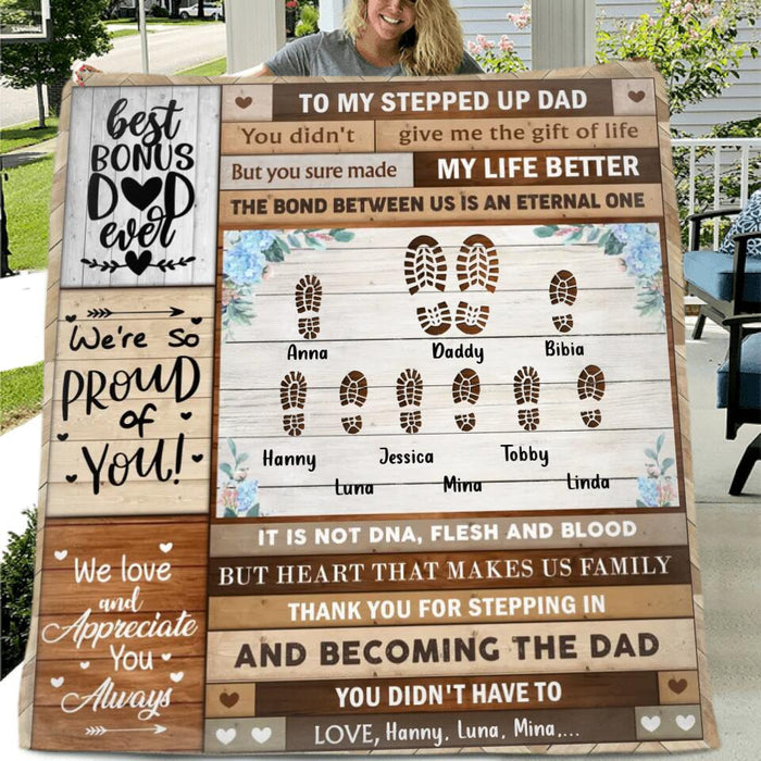 Personalized Stepped Up Dad Fleece Throw Blanket/Quilt - Gift Idea For Bonus Dad/Father's Day - Thank You For Stepping In And Becoming The Dad