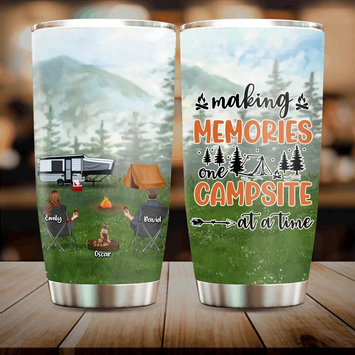 Personalized Family Camping Tumbler - Couple with Up to 3 Kids & 4 Pets - Gift Idea For Camping Family - Making Memories One Campsite At A Time