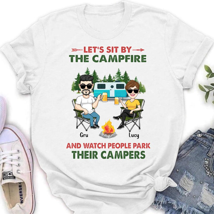 Personalized Couple With Dogs Camping Shirt/Hoodie - Couple With Up to 4 Dogs - Gift For Couple/Camping/Dog Lover - Let's Sit By The Campfire